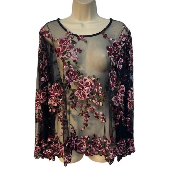 Karen Kane Women’s Long Sleeve Sheer Mesh Embroidered Crew Neck Top Size XL - Picture 1 of 6